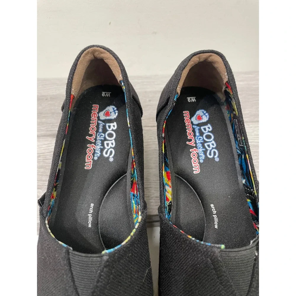 BOBS from Skechers Womens Black Canvas Espadrille Wedge Slip On Shoes Size 9